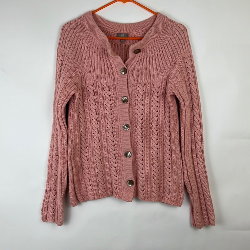 J. JILL sweater cardigan cable knit angora blend fisherman button soft p…